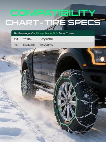 YHTAUTO مجموعة من سلسلتي ثلج 12 مم تناسب 175R14 185/70R14 185/65R15 195/60R15 شاحنة بيك اب SUV سلاسل إطارات سيارات الركاب، تركيب سريع، جر مضاد للانزلاق في الثلج والطين والرمل in Saudi Arabia