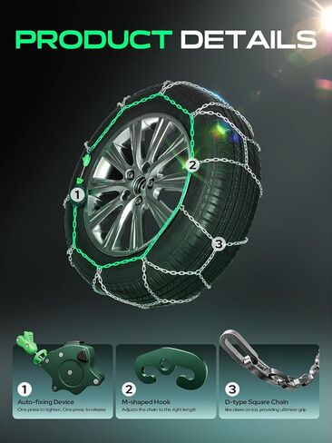 YHTAUTO مجموعة من سلسلتي ثلج 12 مم تناسب 175R14 185/70R14 185/65R15 195/60R15 شاحنة بيك اب SUV سلاسل إطارات سيارات الركاب، تركيب سريع، جر مضاد للانزلاق في الثلج والطين والرمل in Saudi Arabia