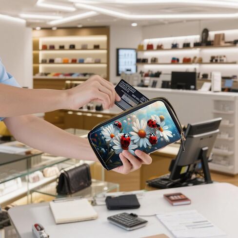 محفظة نسائية بسحاب حول RFID مع حزام معصم قابل للفصل، محفظة ذات سعة كبيرة لحمل الهاتف للسفر، الخنفساء على الأقحوان in Kuwait