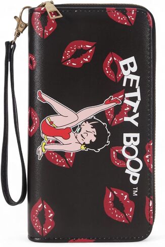Karriage-Mate Betty Boop Black Zip-Around Wallet - Multi-Card Slots, Detachable Wristlet Strap, Trendy Fashion Accessory (7B) in Kuwait