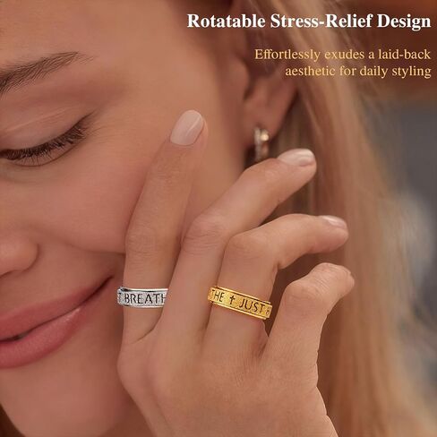 OreilleStar Fidget Anxiety Ring for Women: Just Breathe Spinner Ring Stainless Steel Stress Relief Silver Gold Plated Band Style in Saudi Arabia