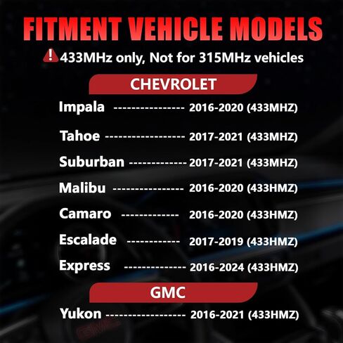 4 عبوات مستشعر TPMS مبرمج مسبقًا بتردد 433 ميجاهرتز مناسب لسيارة Chevy Impala، Malibu، Camaro (2016–2020)، Tahoe (2017–2019)، Suburban (2017–2023)، Express (2016–2024)، GMC Yukon (2016–2021)، OE#13598773/13516165 in Kuwait