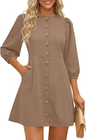 فساتين Wenrine النسائية القصيرة الصيفية كاجوال بياقة مستديرة 3/4 وأكمام واسعة وأزرار سفلية على شكل حرف A للعمل in Kuwait