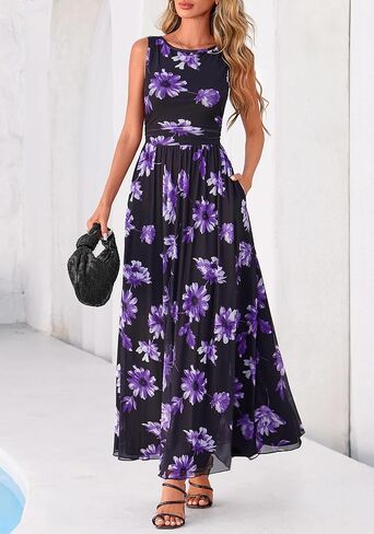 BTFBM Summer Dresses for Women 2026 Floral Maxi Dress Sleeveless Mesh Flowy Long Sundress Beach Vacation Clothes Pockets in Saudi Arabia