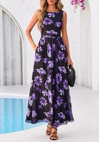 BTFBM Summer Dresses for Women 2026 Floral Maxi Dress Sleeveless Mesh Flowy Long Sundress Beach Vacation Clothes Pockets in Saudi Arabia