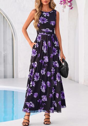 BTFBM Summer Dresses for Women 2026 Floral Maxi Dress Sleeveless Mesh Flowy Long Sundress Beach Vacation Clothes Pockets in Saudi Arabia