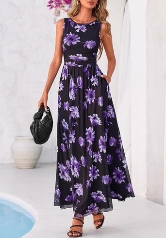BTFBM Summer Dresses for Women 2026 Floral Maxi Dress Sleeveless Mesh Flowy Long Sundress Beach Vacation Clothes Pockets in Saudi Arabia