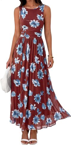 BTFBM Summer Dresses for Women 2026 Floral Maxi Dress Sleeveless Mesh Flowy Long Sundress Beach Vacation Clothes Pockets in Saudi Arabia