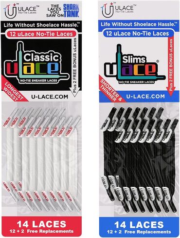حزمة أربطة الحذاء الكلاسيكية والنحيفة من uLace - 14 رباطًا كلاسيكيًا أبيض + 14 رباطًا مرنًا أسود رفيعًا للأحذية الرياضية - قابلة للتمدد، ومنسوجة، وسهلة التركيب - حوّل أي أحذية رياضية إلى أحذية سهلة الارتداء لتوفير الراحة والأناقة in Kuwait