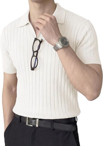 JMIERR Men's Short Sleeve Knit Polo Shirts Ribbed Texture Johnny Collar Sweater for Casual Summer Wear in Kuwait