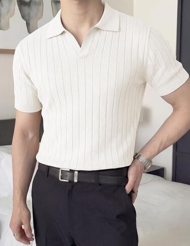 JMIERR Men's Short Sleeve Knit Polo Shirts Ribbed Texture Johnny Collar Sweater for Casual Summer Wear in Kuwait