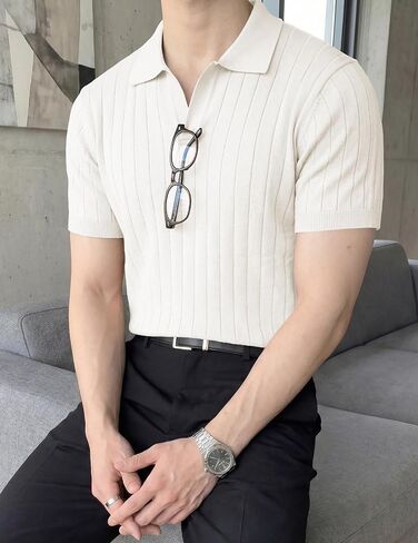 JMIERR Men's Short Sleeve Knit Polo Shirts Ribbed Texture Johnny Collar Sweater for Casual Summer Wear in Kuwait