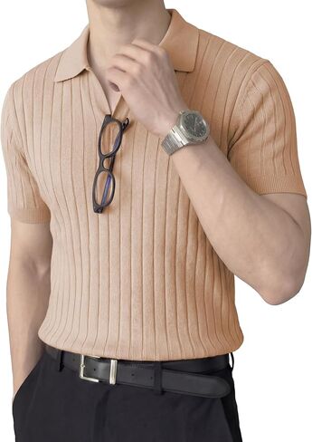 JMIERR Men's Short Sleeve Knit Polo Shirts Ribbed Texture Johnny Collar Sweater for Casual Summer Wear in Kuwait
