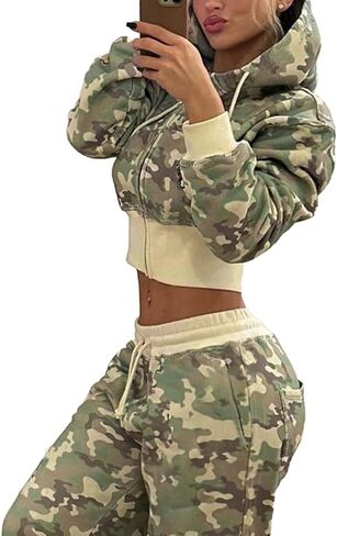2 Piece Camouflage Tracksuit Set For Women,Long Sleeve Hooded Top With Wide Leg Pants,Casual Zipper Sweatsuit in Saudi Arabia
