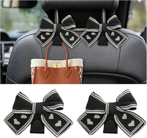 2PCS Car Seat Headrest Hooks, Cute Bow Vehicle Seat Back Hanger for Purse Coat Umbrella, Automotive Interior Hanging Storage Decoration Hook, Universal for SUV Sedan Truck (Black) in Kuwait