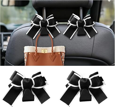 2PCS Car Seat Headrest Hooks, Cute Bow Vehicle Seat Back Hanger for Purse Coat Umbrella, Automotive Interior Hanging Storage Decoration Hook, Universal for SUV Sedan Truck (Black) in Kuwait