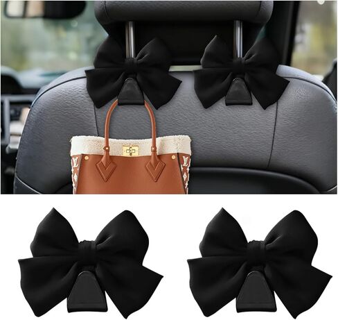 2PCS Car Seat Headrest Hooks, Cute Bow Vehicle Seat Back Hanger for Purse Coat Umbrella, Automotive Interior Hanging Storage Decoration Hook, Universal for SUV Sedan Truck (Black) in Kuwait