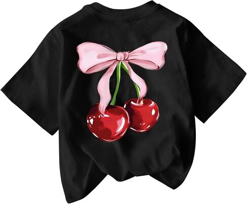 Cute Shirts for Girls Cherry Bow Shirt Kids Graphic Tees Preppy Summer T-Shirt Aesthetic Clothes Trendy Tops in Kuwait