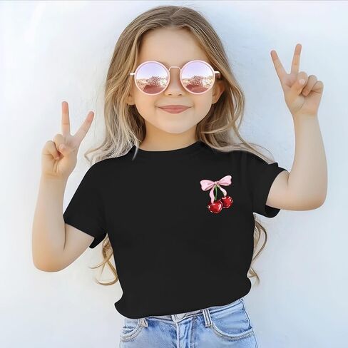 Cute Shirts for Girls Cherry Bow Shirt Kids Graphic Tees Preppy Summer T-Shirt Aesthetic Clothes Trendy Tops in Saudi Arabia