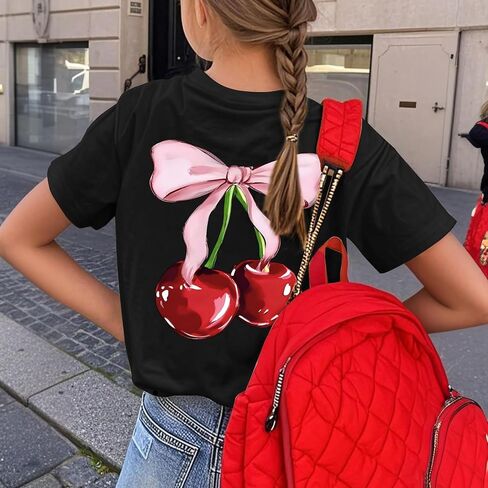 Cute Shirts for Girls Cherry Bow Shirt Kids Graphic Tees Preppy Summer T-Shirt Aesthetic Clothes Trendy Tops in Saudi Arabia