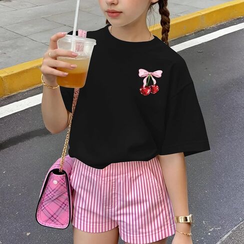 Cute Shirts for Girls Cherry Bow Shirt Kids Graphic Tees Preppy Summer T-Shirt Aesthetic Clothes Trendy Tops in Saudi Arabia