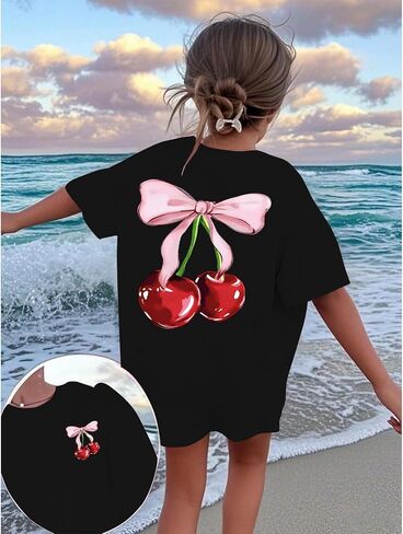 Cute Shirts for Girls Cherry Bow Shirt Kids Graphic Tees Preppy Summer T-Shirt Aesthetic Clothes Trendy Tops in Saudi Arabia