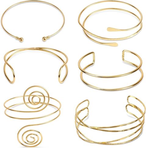 6 Pcs Upper Arm Gold Cuff Bracelet for Women, Adjustable Upper Arm Open Cuff Bracelet Simple Stylish Coil Bangle Band Armlet for Women Personalized Accessories Jewelry Gift in Saudi Arabia