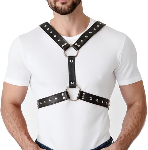 Men's PU Leather Chest Harness Belt, Adjustable Body Harness Belt for Men, Male Punk Chest Shoulder Harness for Party and Cosplay X024 in Saudi Arabia