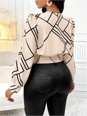 Women's Wrap V-Neck Blouse Long Sleeve Shirts Geometric Print Slim Fit Ruched Tops Fall in Saudi Arabia
