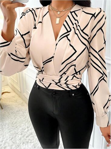 Women's Wrap V-Neck Blouse Long Sleeve Shirts Geometric Print Slim Fit Ruched Tops Fall in Saudi Arabia