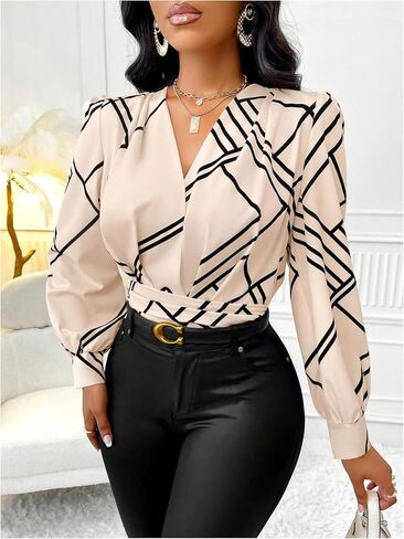 Women's Wrap V-Neck Blouse Long Sleeve Shirts Geometric Print Slim Fit Ruched Tops Fall in Saudi Arabia