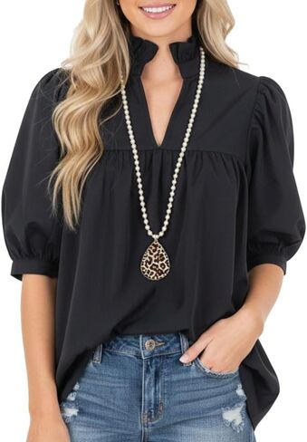 Women's Ruffled Mock Neck Blouse Half Puff Sleeve V-Cut Casual Top Loose-Fit Split Hem Shirt in Saudi Arabia