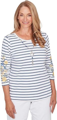Alfred Dunner Classic 26 Women's Floral Embroidered Stripe Top with Necklace in Saudi Arabia