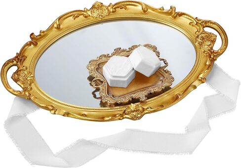 4 Pcs Gold Vintage Wedding Jewelry Tray Set with Mirror - Antique Gold Finish Trinket Dish, White Double Ring Box, Velvet Ribbon & Display Organizer for Wedding Photographer Antique Decor in Saudi Arabia