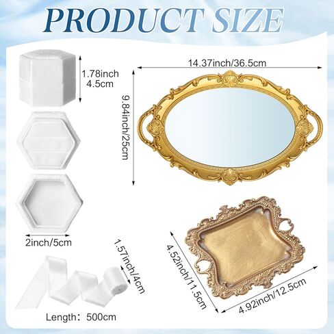 4 Pcs Gold Vintage Wedding Jewelry Tray Set with Mirror - Antique Gold Finish Trinket Dish, White Double Ring Box, Velvet Ribbon & Display Organizer for Wedding Photographer Antique Decor in Saudi Arabia