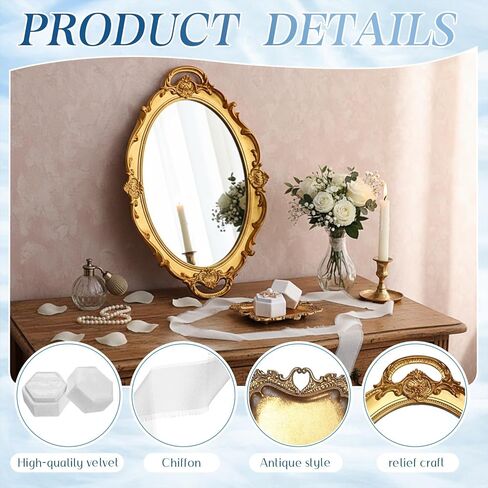 4 Pcs Gold Vintage Wedding Jewelry Tray Set with Mirror - Antique Gold Finish Trinket Dish, White Double Ring Box, Velvet Ribbon & Display Organizer for Wedding Photographer Antique Decor in Saudi Arabia
