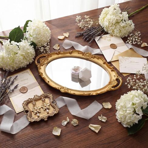 4 Pcs Gold Vintage Wedding Jewelry Tray Set with Mirror - Antique Gold Finish Trinket Dish, White Double Ring Box, Velvet Ribbon & Display Organizer for Wedding Photographer Antique Decor in Saudi Arabia