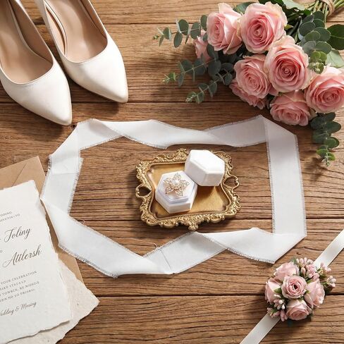 4 Pcs Gold Vintage Wedding Jewelry Tray Set with Mirror - Antique Gold Finish Trinket Dish, White Double Ring Box, Velvet Ribbon & Display Organizer for Wedding Photographer Antique Decor in Saudi Arabia