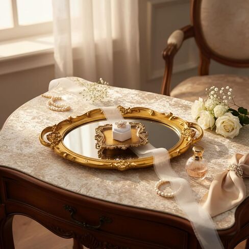 4 Pcs Gold Vintage Wedding Jewelry Tray Set with Mirror - Antique Gold Finish Trinket Dish, White Double Ring Box, Velvet Ribbon & Display Organizer for Wedding Photographer Antique Decor in Saudi Arabia
