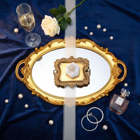 4 Pcs Gold Vintage Wedding Jewelry Tray Set with Mirror - Antique Gold Finish Trinket Dish, White Double Ring Box, Velvet Ribbon & Display Organizer for Wedding Photographer Antique Decor in Saudi Arabia