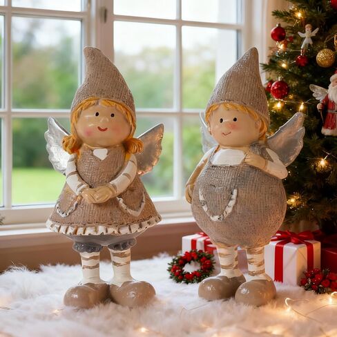 Christmas Angels Figurines Set of 2 Small Angel Figurines Boy and Girl Angel Decor Hand-Painted Resin Ornaments for Holiday Home Shelf Sitter Tabletop Decoration Present for Friends in Saudi Arabia