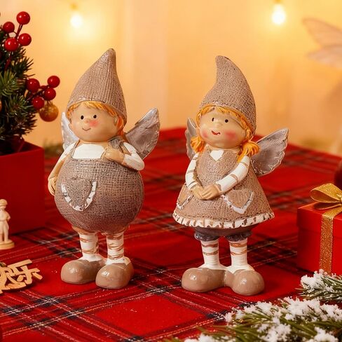 Christmas Angels Figurines Set of 2 Small Angel Figurines Boy and Girl Angel Decor Hand-Painted Resin Ornaments for Holiday Home Shelf Sitter Tabletop Decoration Present for Friends in Saudi Arabia
