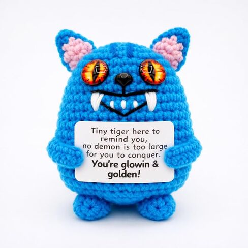 Handmade Blue Tiger Crochet Figurine with Inspirational Sign, Small Decorative Collectible, Birthday Gift in Saudi Arabia