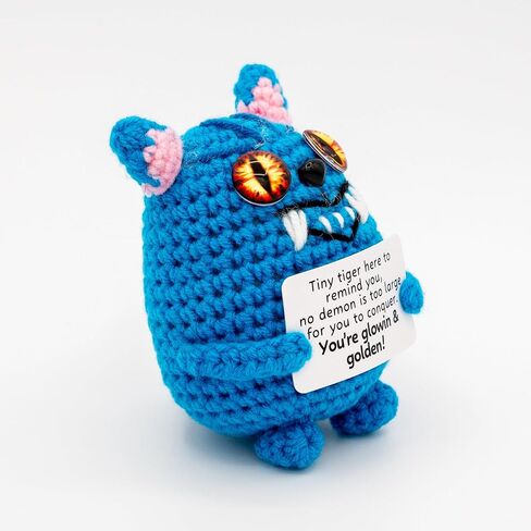 Handmade Blue Tiger Crochet Figurine with Inspirational Sign, Small Decorative Collectible, Birthday Gift in Saudi Arabia