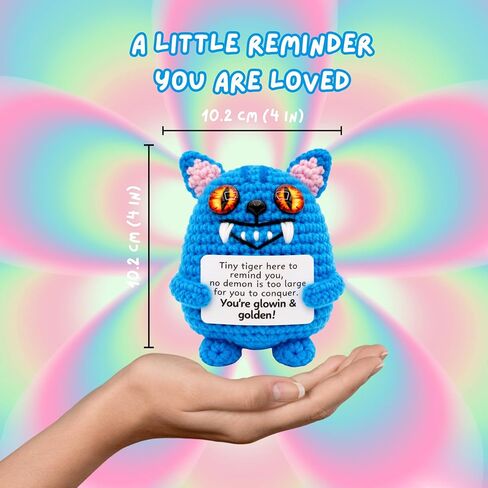 Handmade Blue Tiger Crochet Figurine with Inspirational Sign, Small Decorative Collectible, Birthday Gift in Saudi Arabia