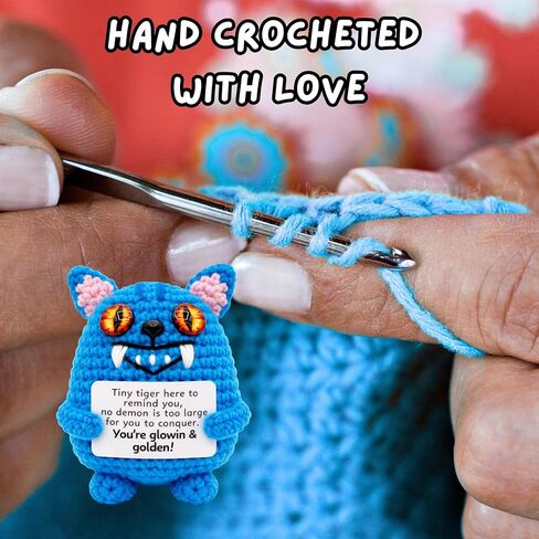 Handmade Blue Tiger Crochet Figurine with Inspirational Sign, Small Decorative Collectible, Birthday Gift in Saudi Arabia
