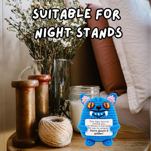 Handmade Blue Tiger Crochet Figurine with Inspirational Sign, Small Decorative Collectible, Birthday Gift in Saudi Arabia