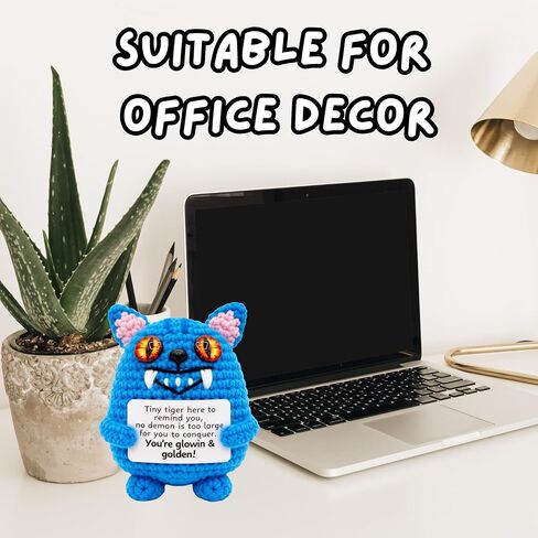 Handmade Blue Tiger Crochet Figurine with Inspirational Sign, Small Decorative Collectible, Birthday Gift in Saudi Arabia