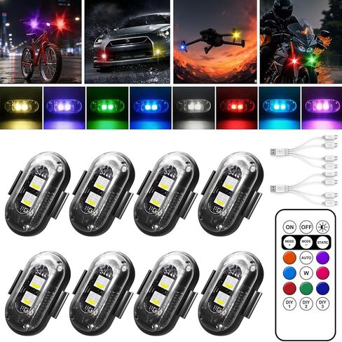 8 قطع مصابيح LED ستروب لاسلكية للسيارة، سطوع عالي 8 ألوان من النوع C مصابيح LED لاسلكية للشحن، IP65 ضوء تحذير مقاوم للماء للسيارة/الدراجة النارية/الدراجة/سيارات RC/الطائرات بدون طيار/أجواء العطلات in Saudi Arabia