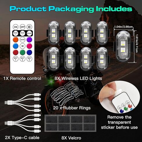 8 قطع مصابيح LED ستروب لاسلكية للسيارة، سطوع عالي 8 ألوان من النوع C مصابيح LED لاسلكية للشحن، IP65 ضوء تحذير مقاوم للماء للسيارة/الدراجة النارية/الدراجة/سيارات RC/الطائرات بدون طيار/أجواء العطلات in Saudi Arabia